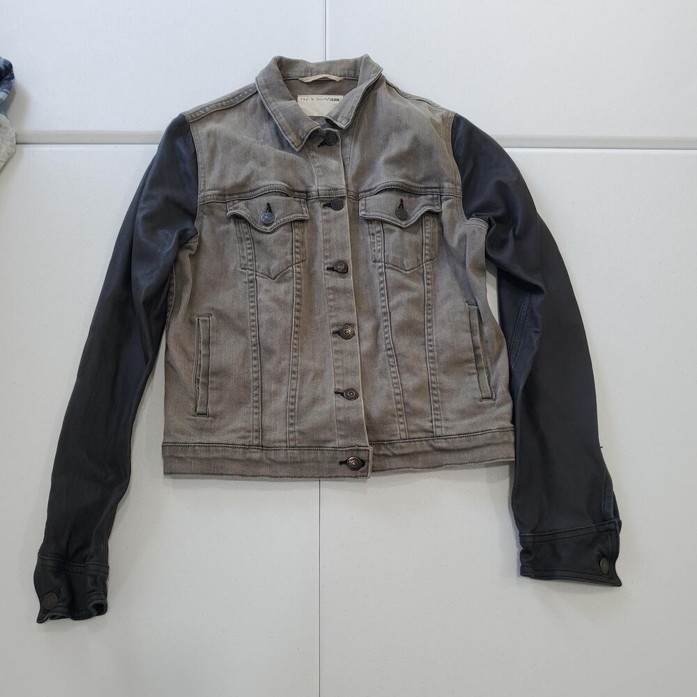 rag & bone/JEAN Denim Jacket Womens Medium Leather Sleeves Made in USA